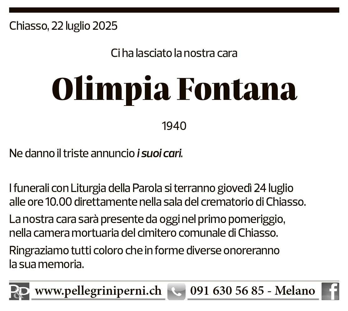 Annuncio funebre Olimpia Fontana