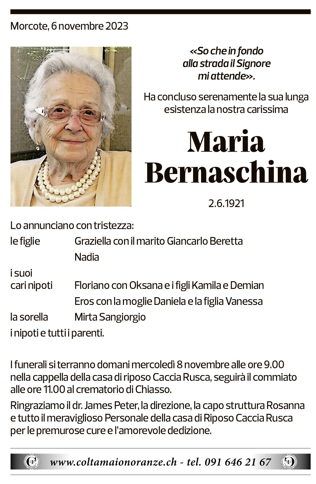 Annuncio funebre Maria Bernaschina