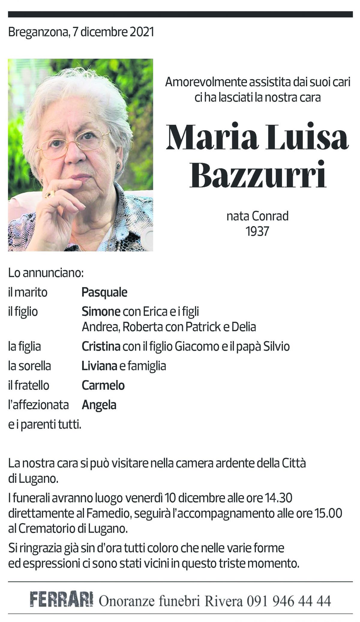 Annuncio funebre Maria Luisa Bazzurri