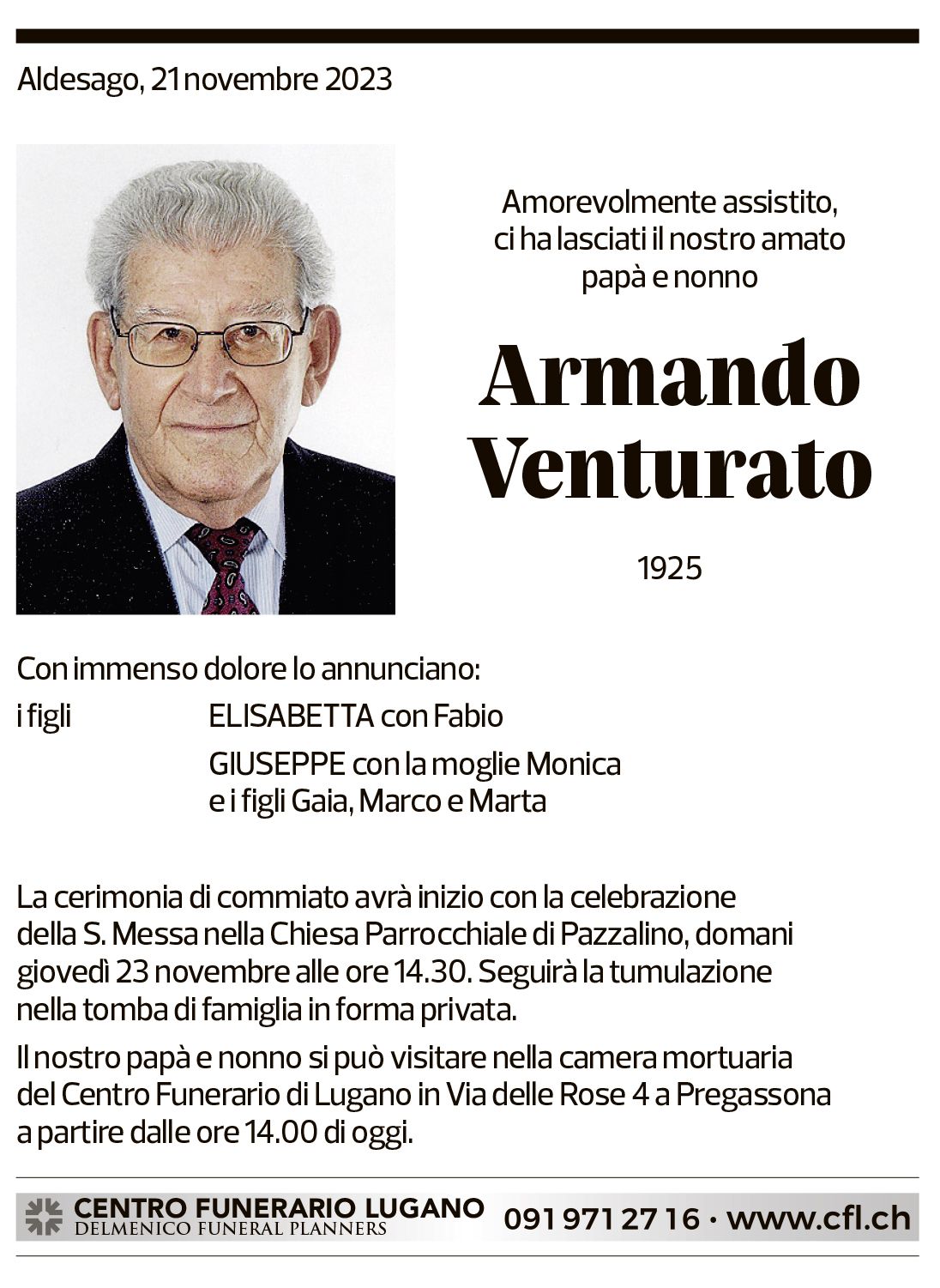 Annuncio funebre Armando Venturato