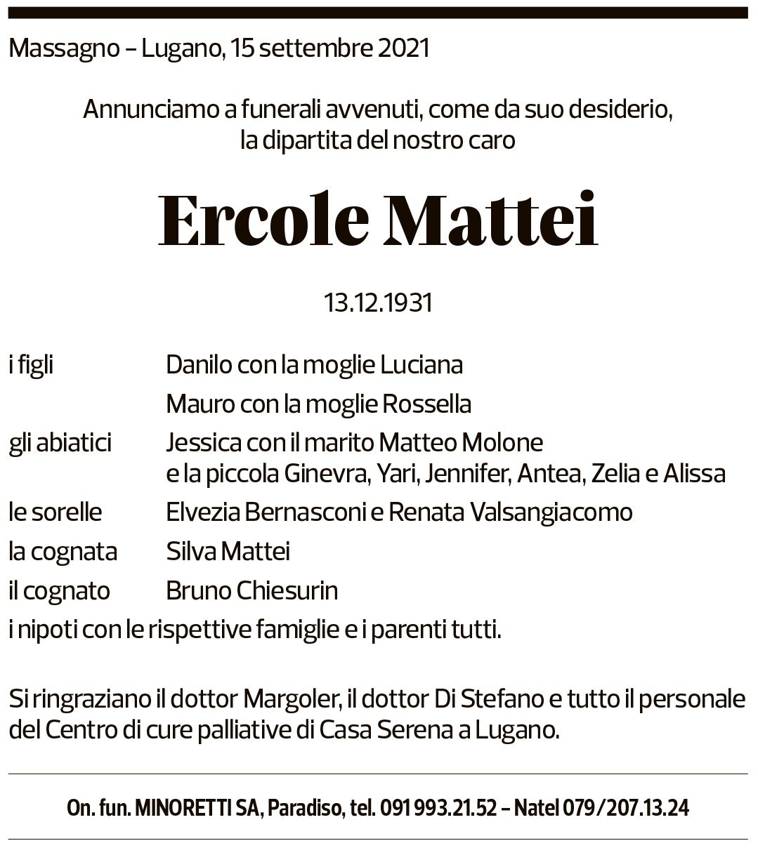 Annuncio funebre Ercole Mattei