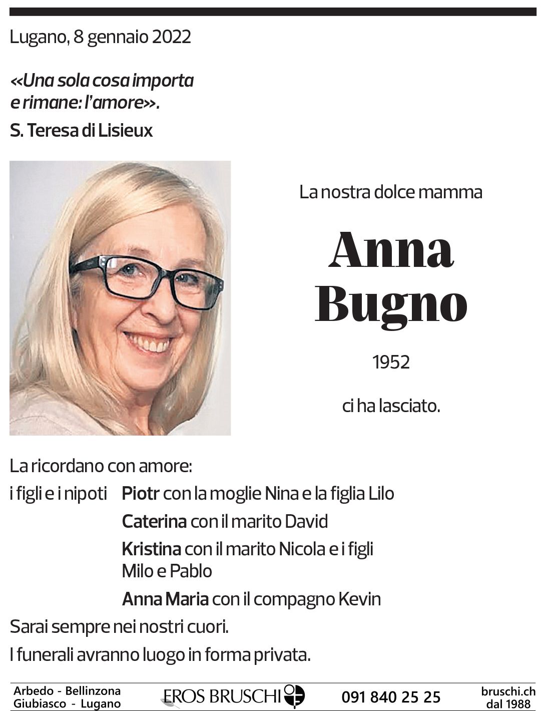 Annuncio funebre Anna Bugno