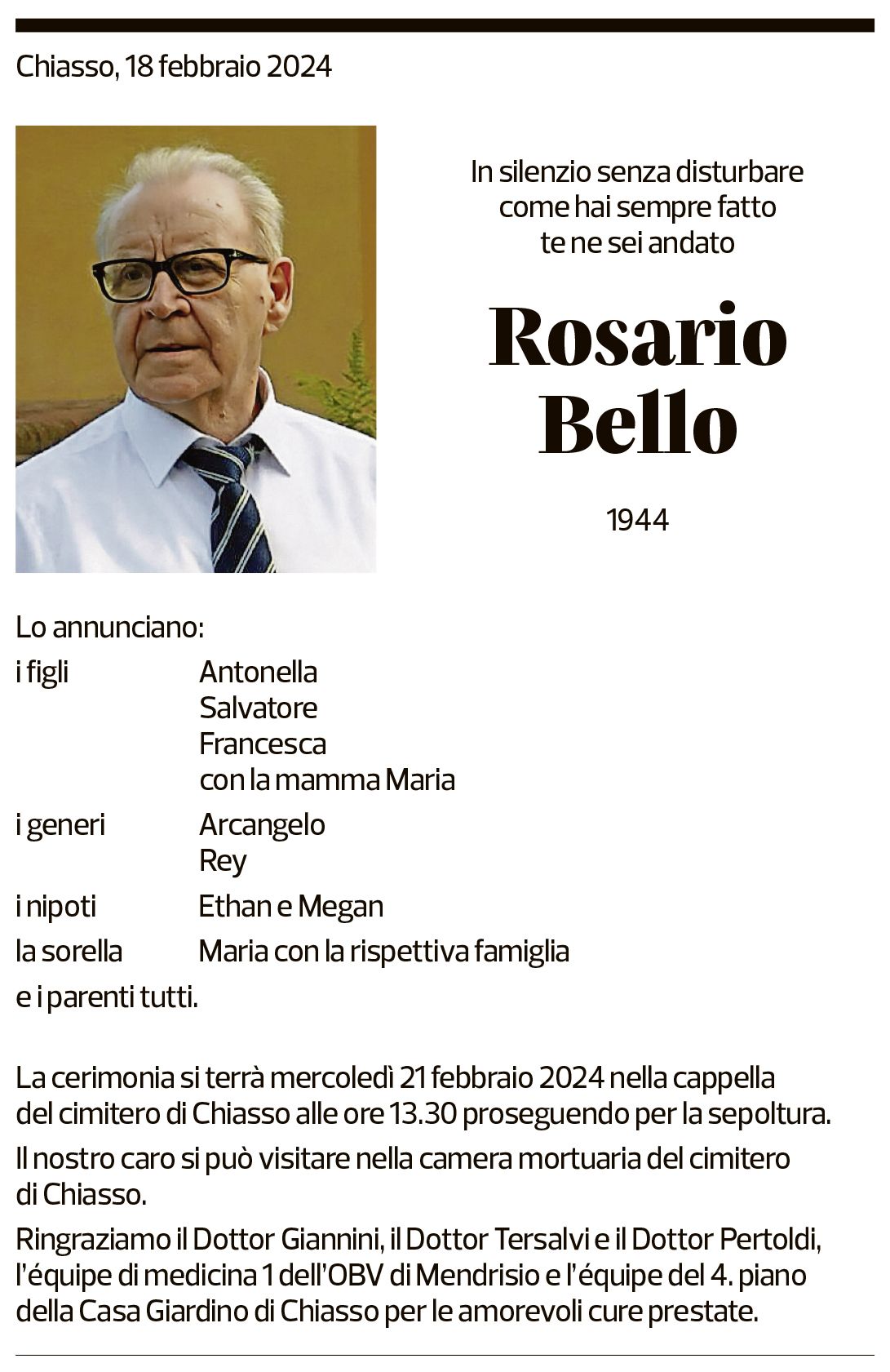 Annuncio funebre Rosario Bello