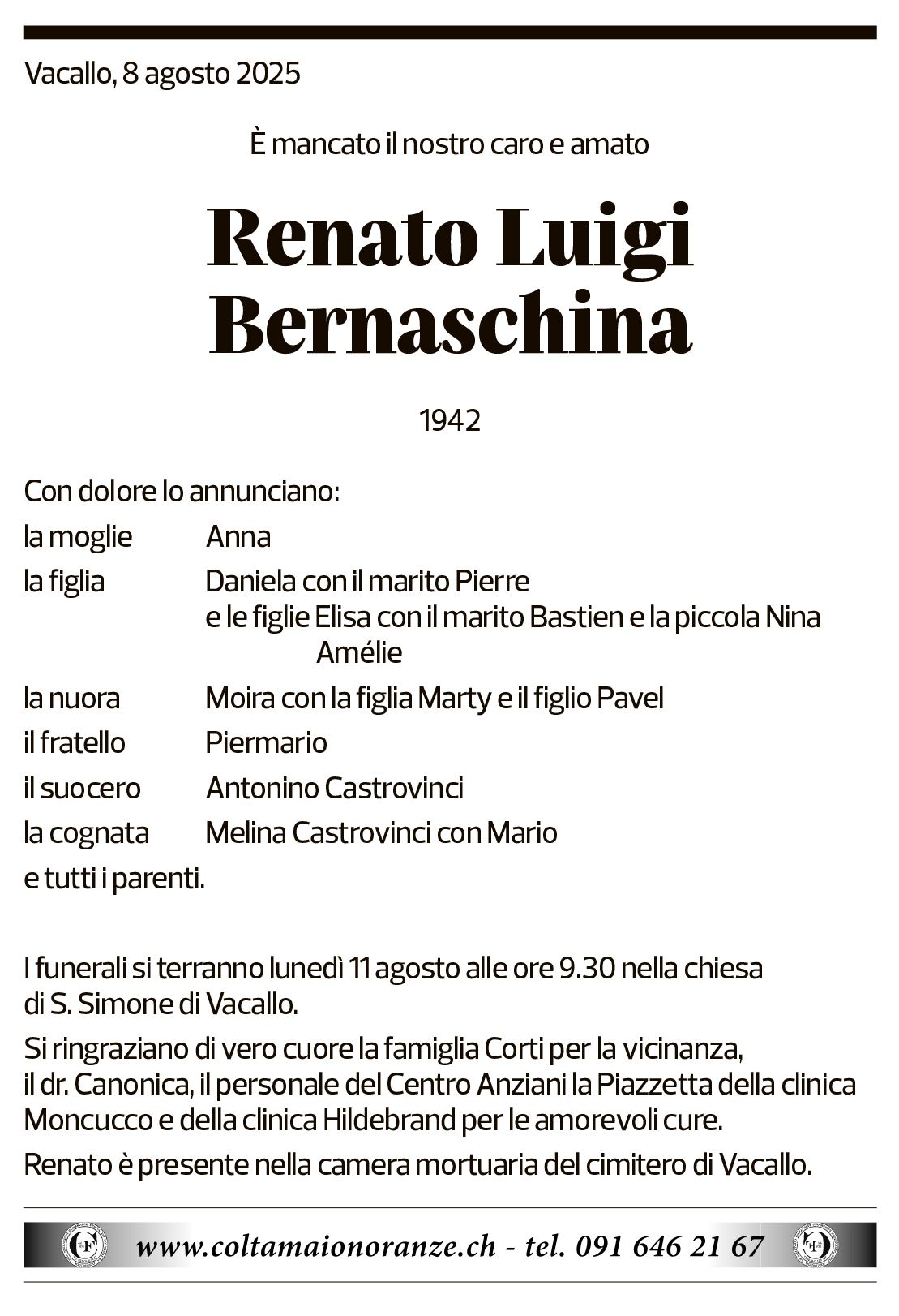 Annuncio funebre Renato Luigi Bernaschina