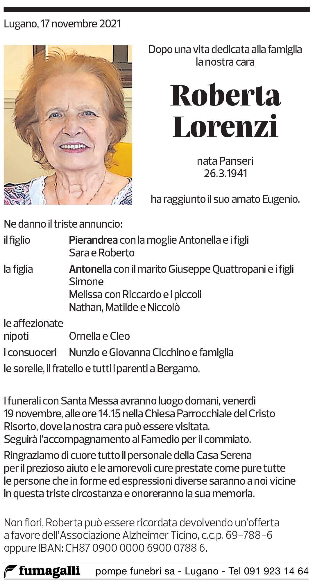 Annuncio funebre Roberta Lorenzi