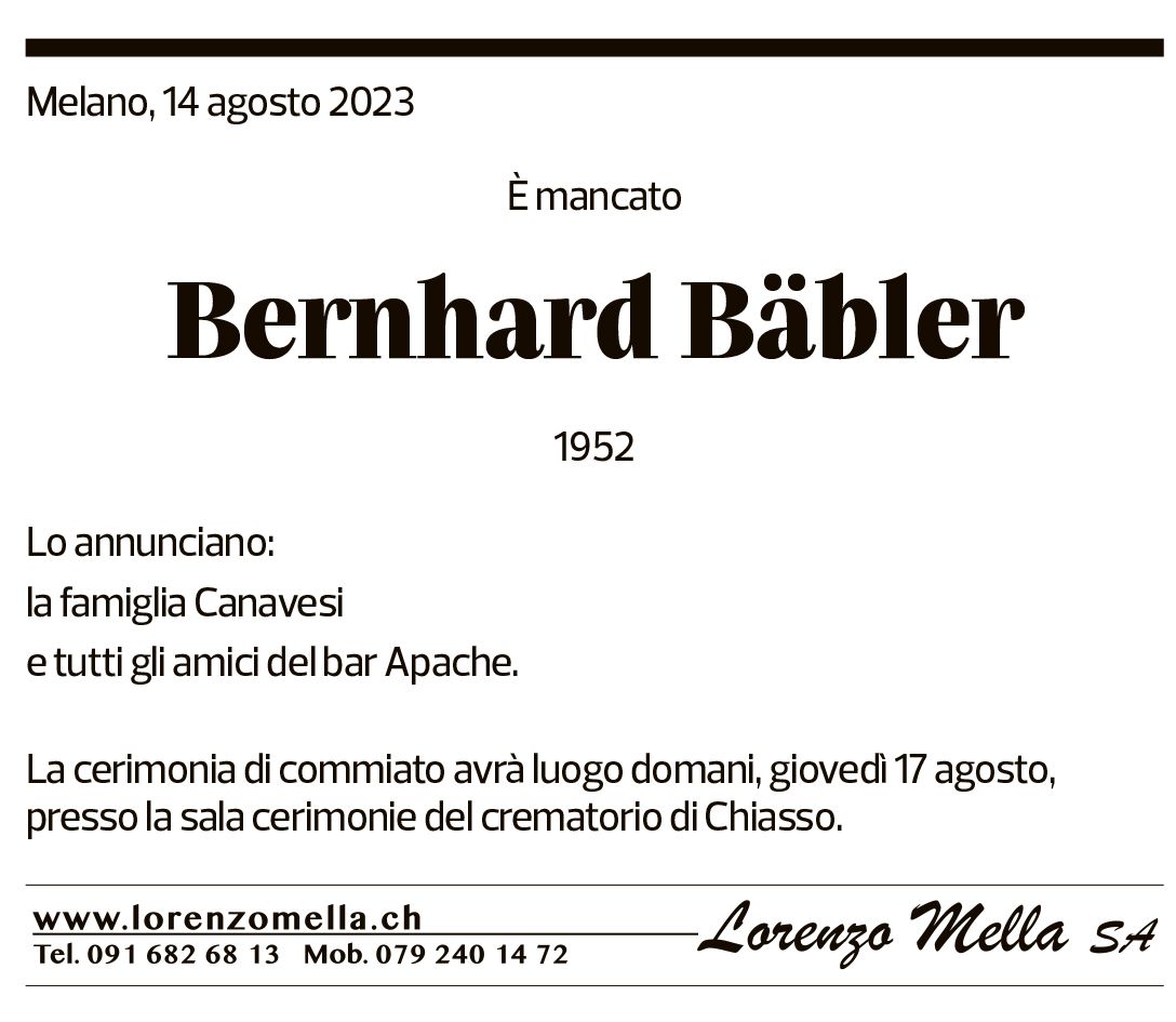 Annuncio funebre Bernhard Bäbler