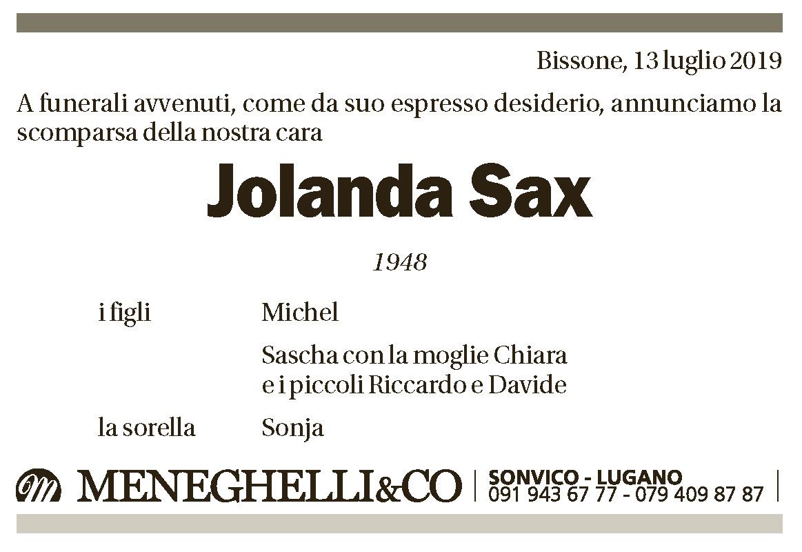 Annuncio funebre Jolanda Sax