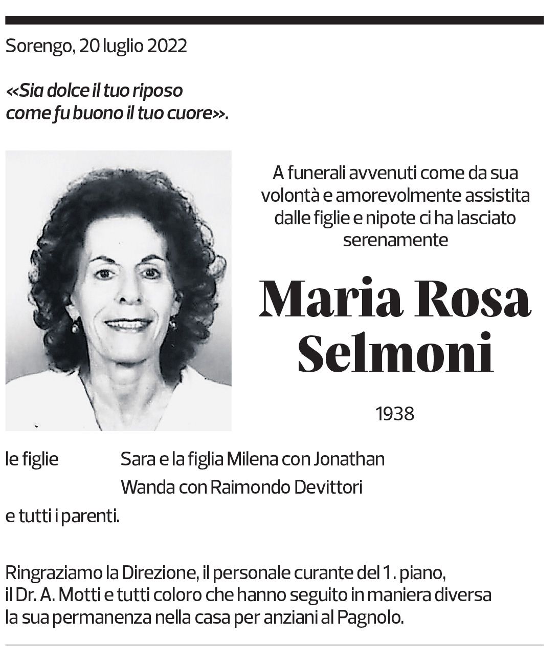 Annuncio funebre Maria Rosa Selmoni