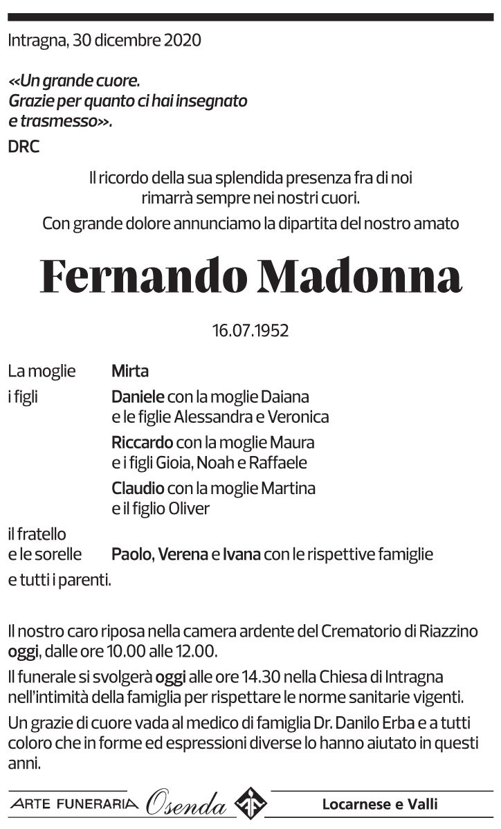 Annuncio funebre Fernando Madonna