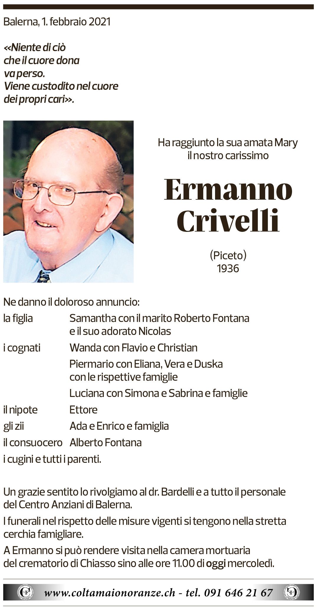 Annuncio funebre Ermanno Crivelli