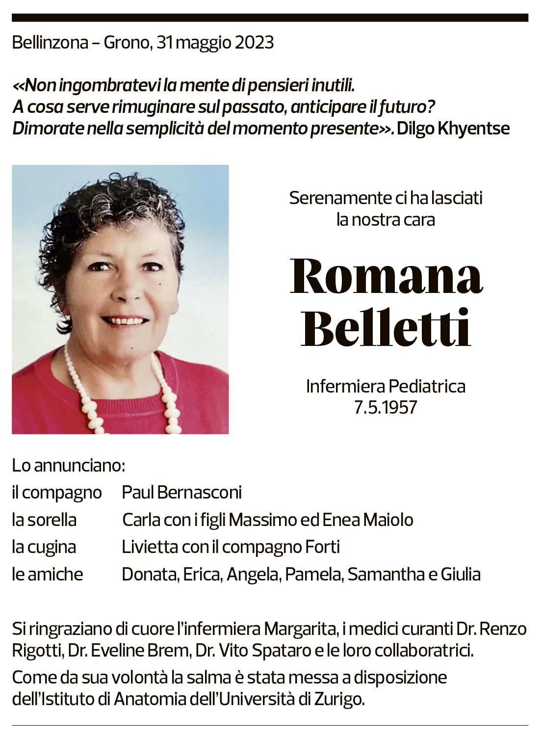 Annuncio funebre Romana Belletti