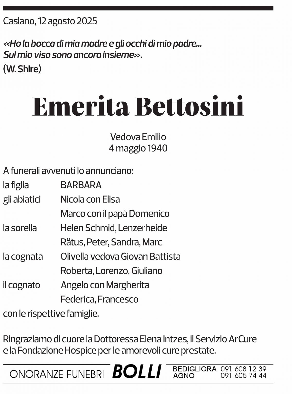 Annuncio funebre Emerita Bettosini
