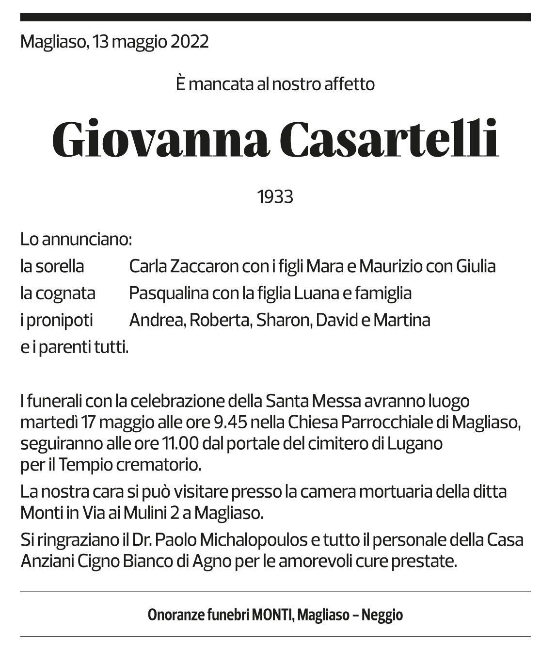 Annuncio funebre Giovanna Casartelli