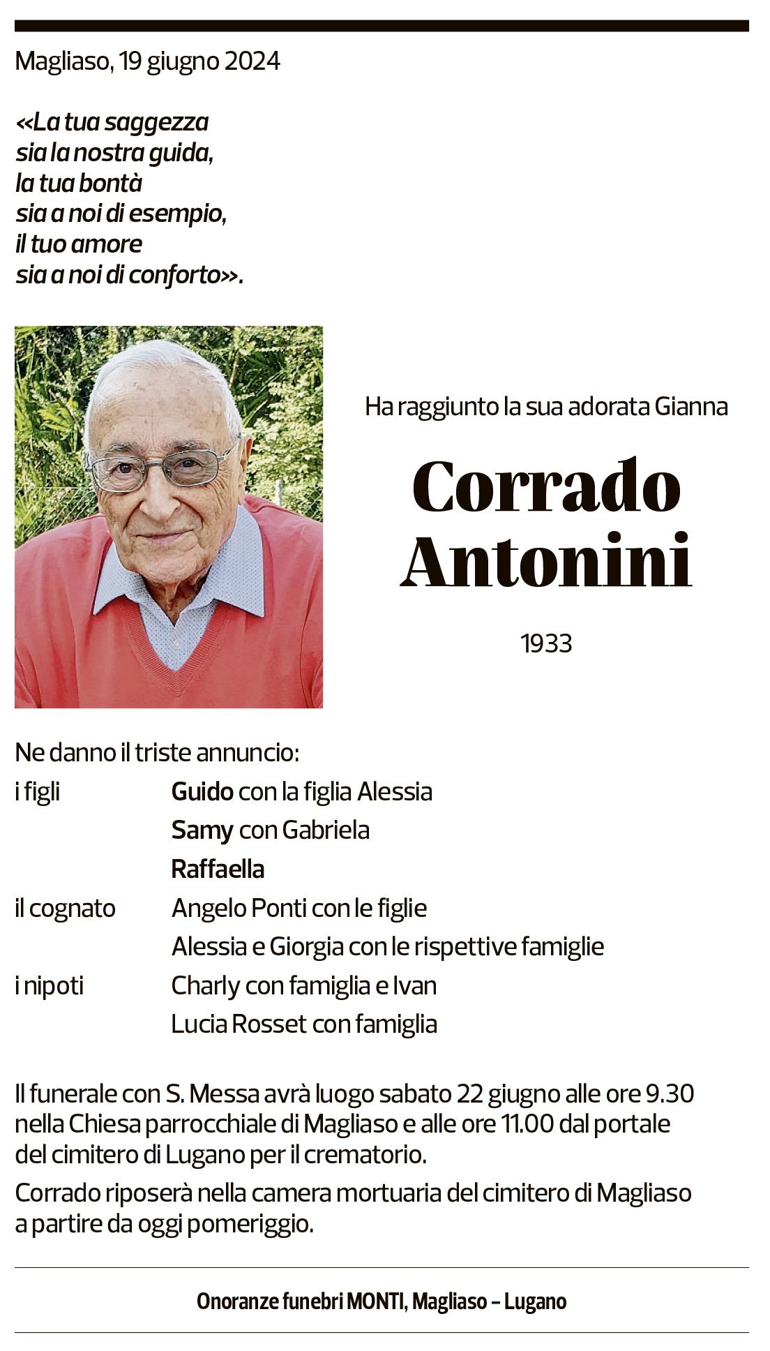 Annuncio funebre Corrado Antonini