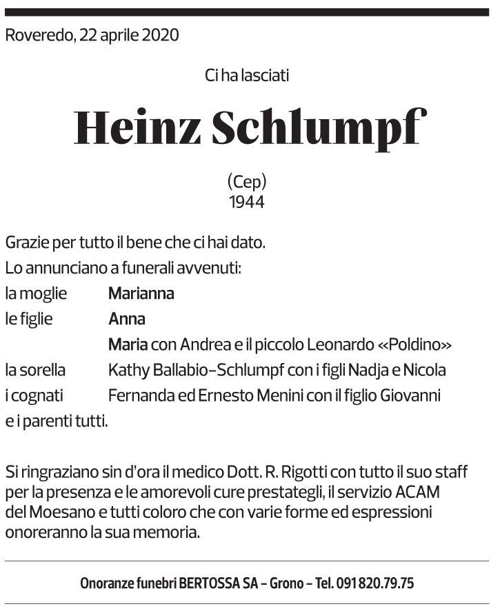 Annuncio funebre Heinz Schlumpf