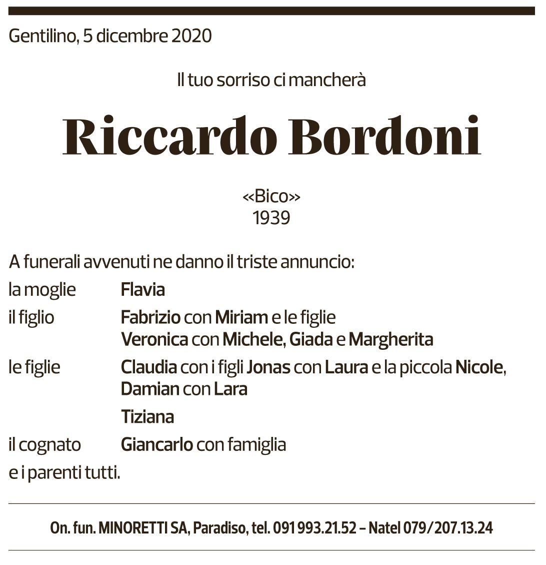 Annuncio funebre Riccardo Bordoni