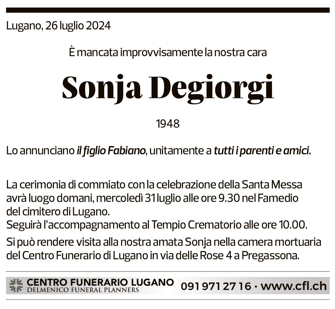 Annuncio funebre Sonja Degiorgi