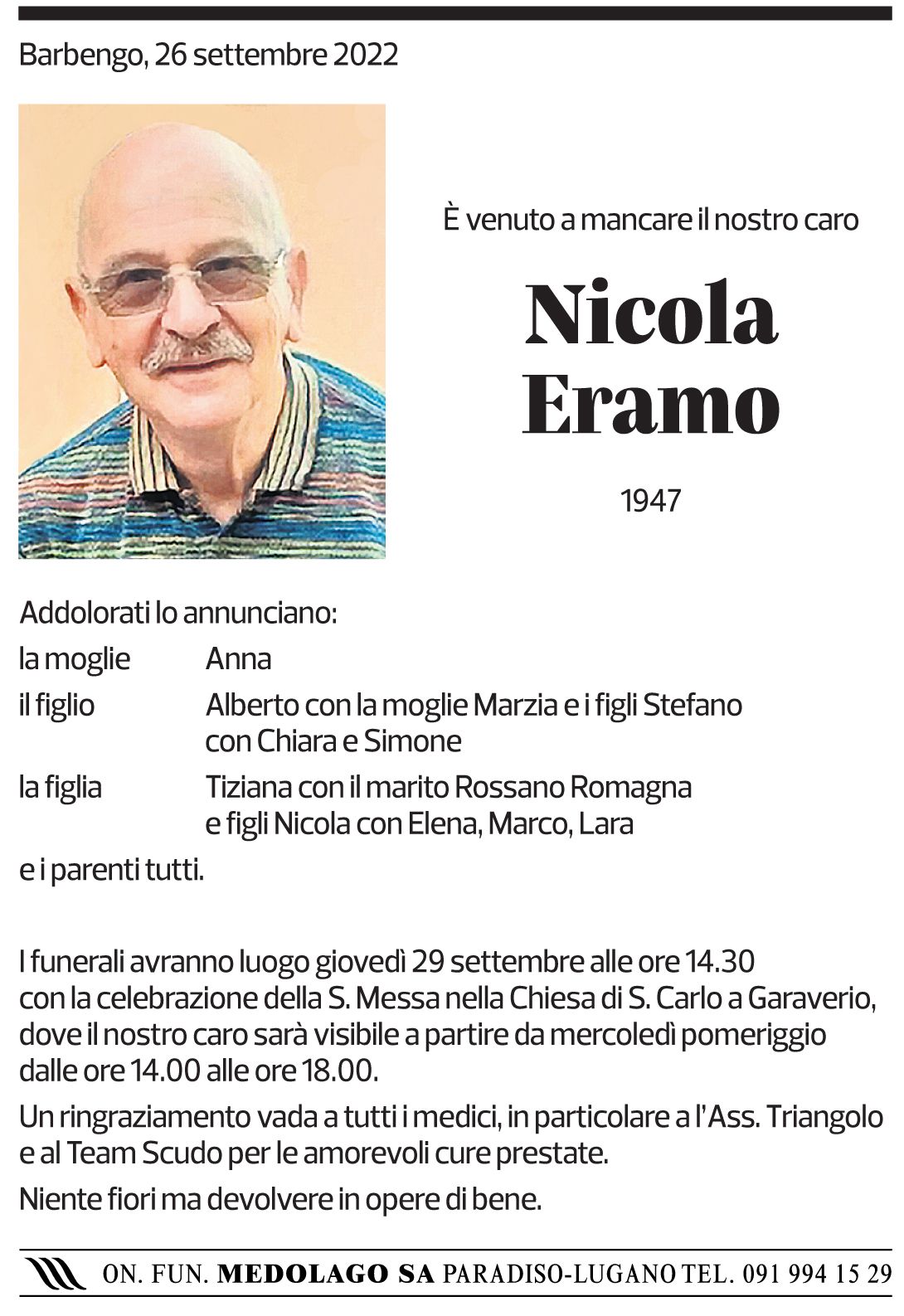 Annuncio funebre Nicola Eramo