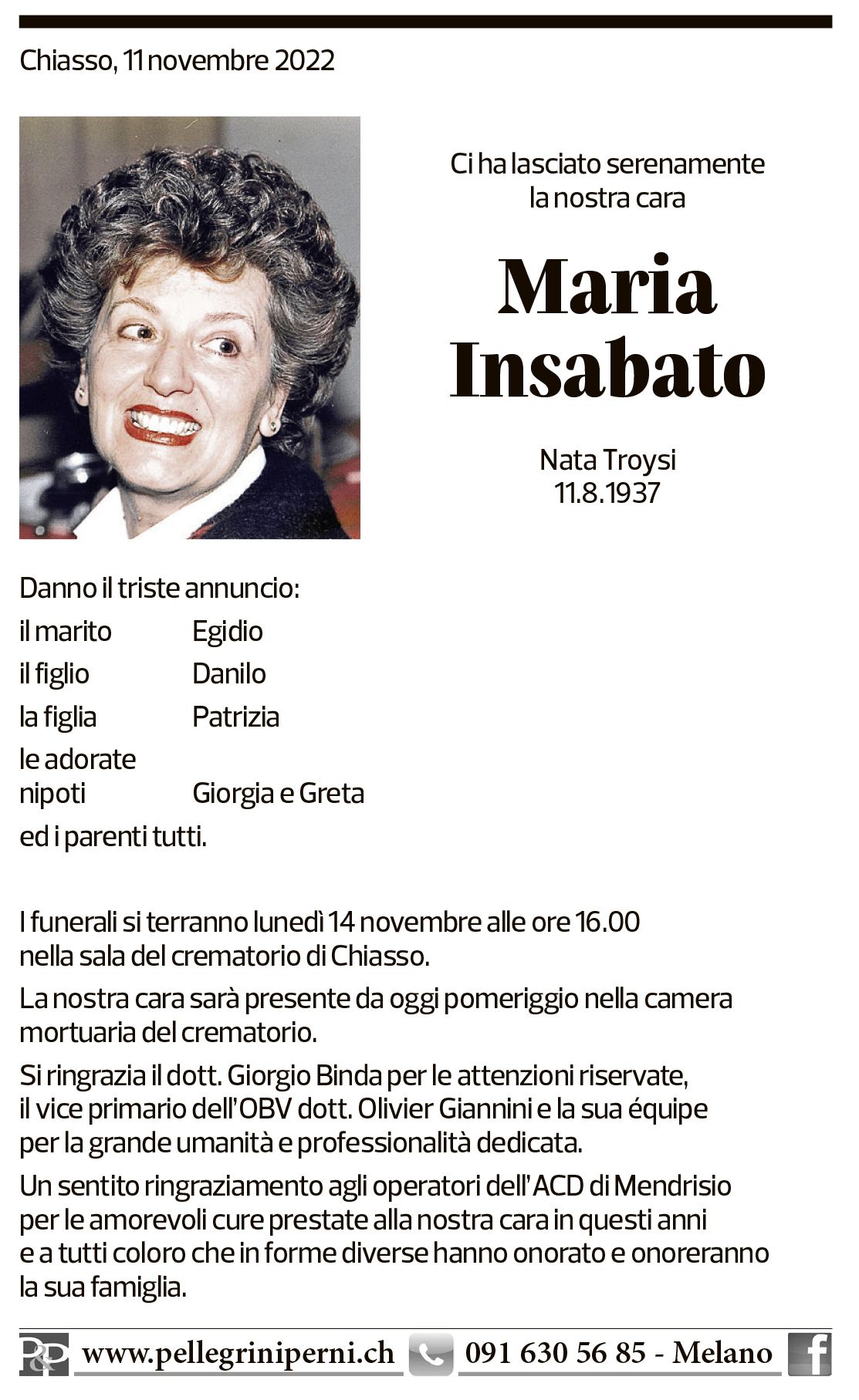 Annuncio funebre Maria Insabato