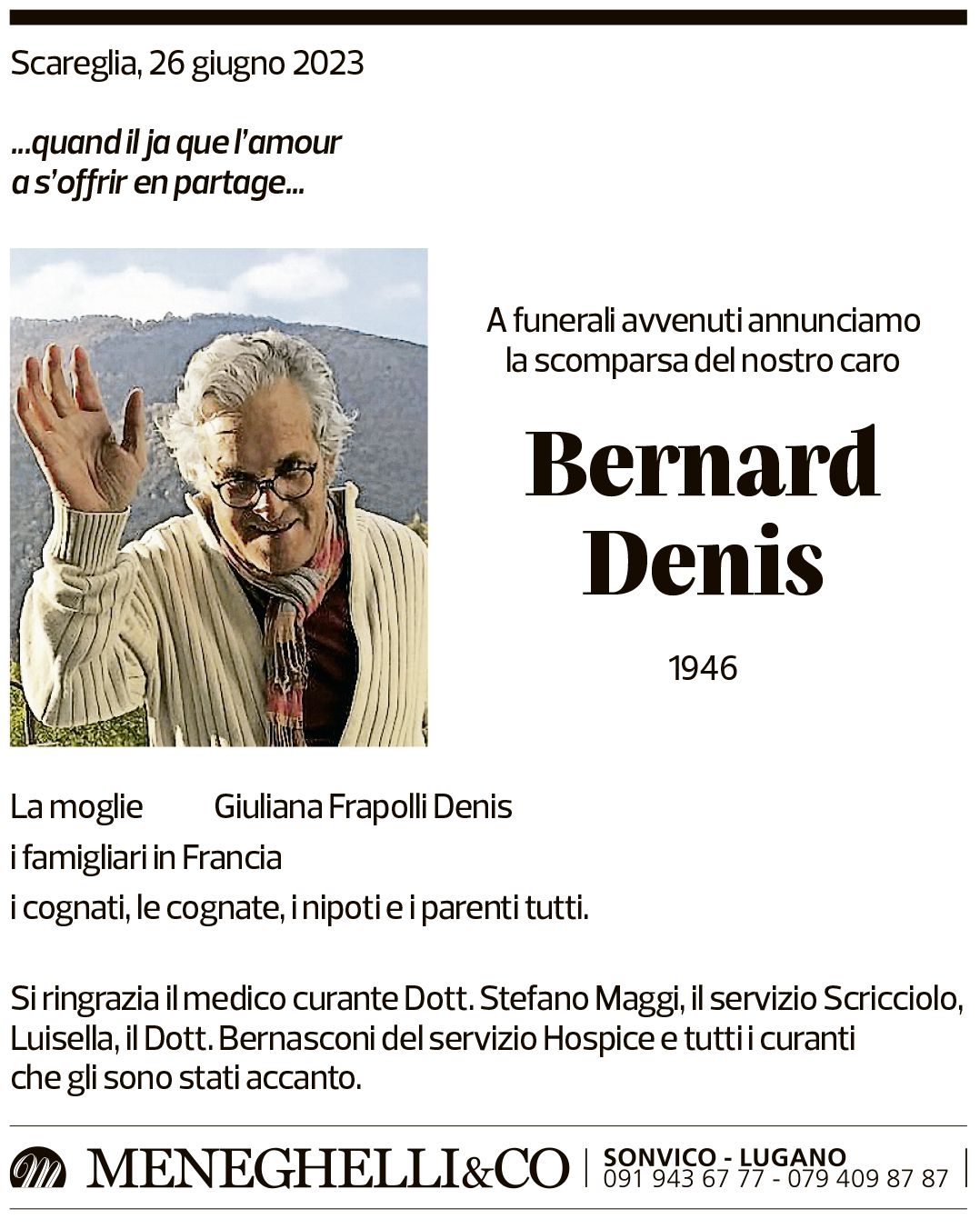 Annuncio funebre Bernard Denis