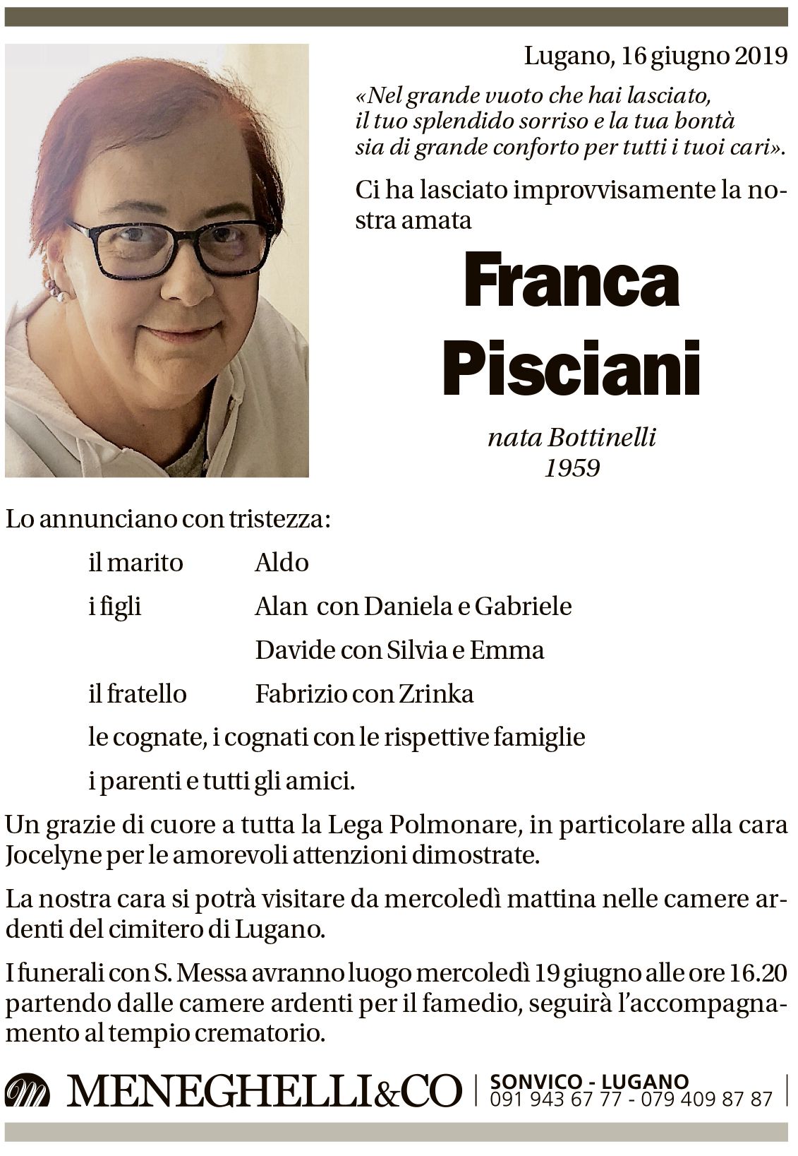 Annuncio funebre Franca Pisciani