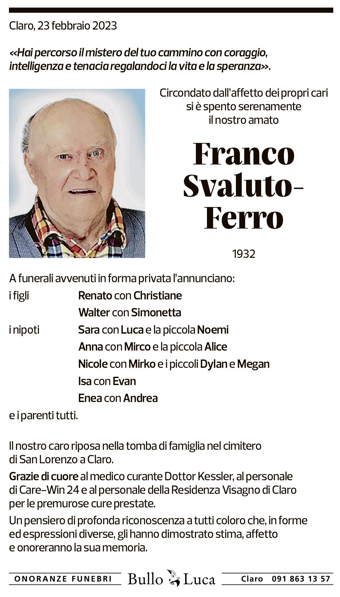 Annuncio funebre Franco Svaluto-ferro