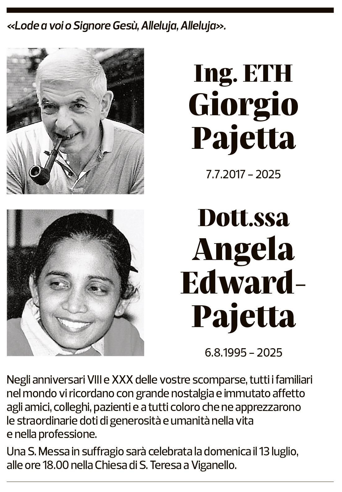 Annuncio funebre Giorgio E Angela Pajetta