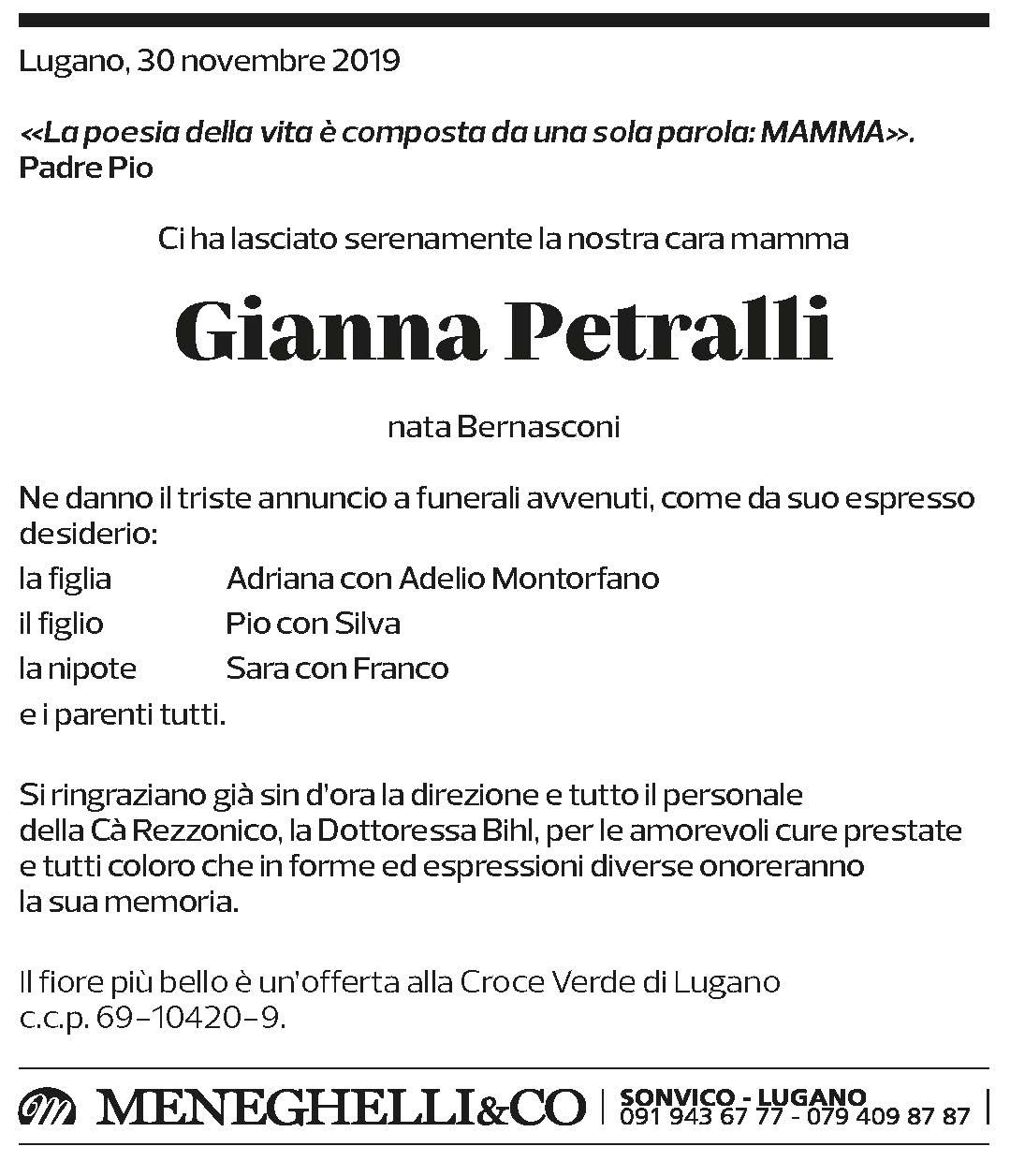 Annuncio funebre Gianna Petralli