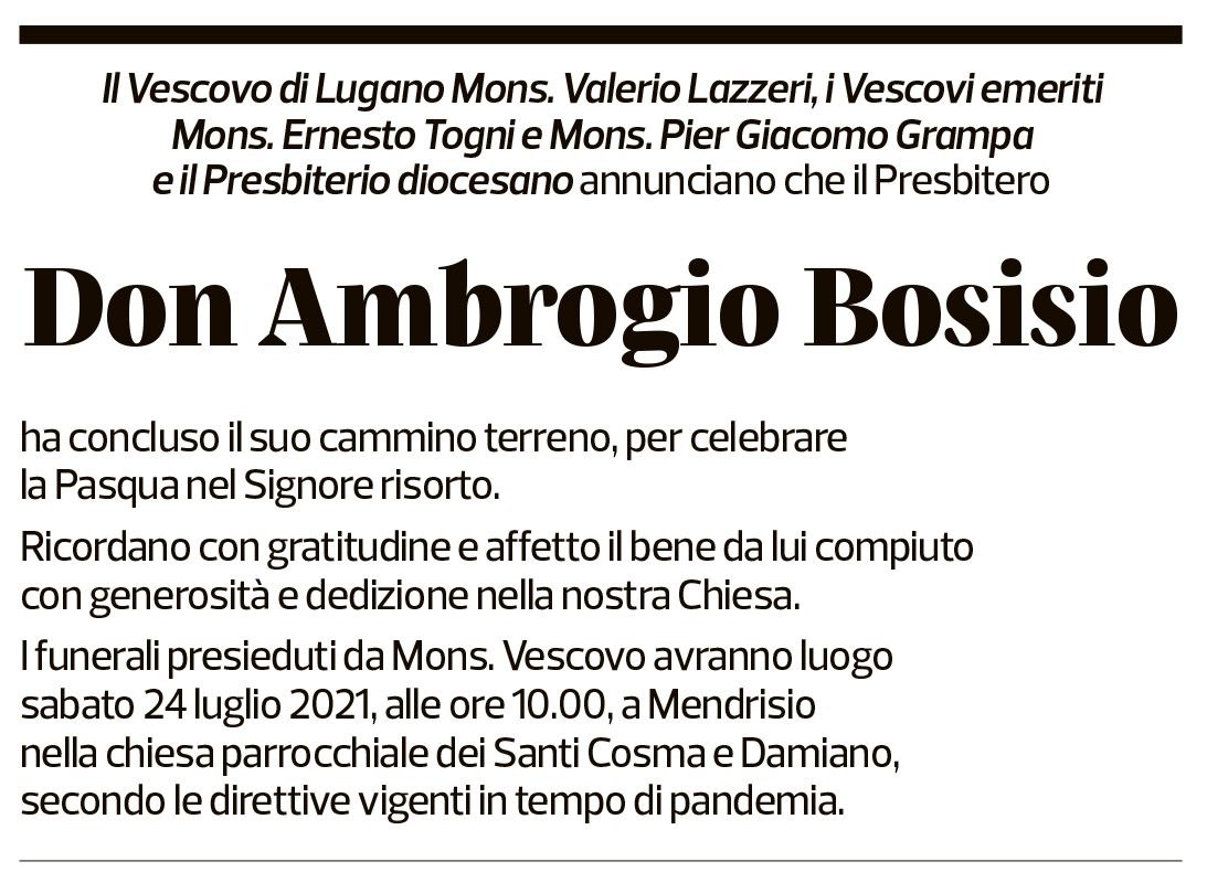 Annuncio funebre Ambrogio Bosisio