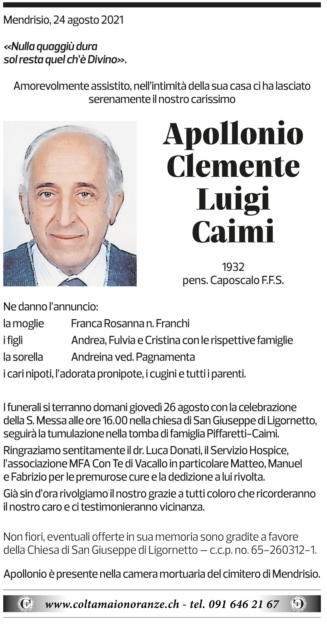 Annuncio funebre Apollonio Clemente Luigi Caimi