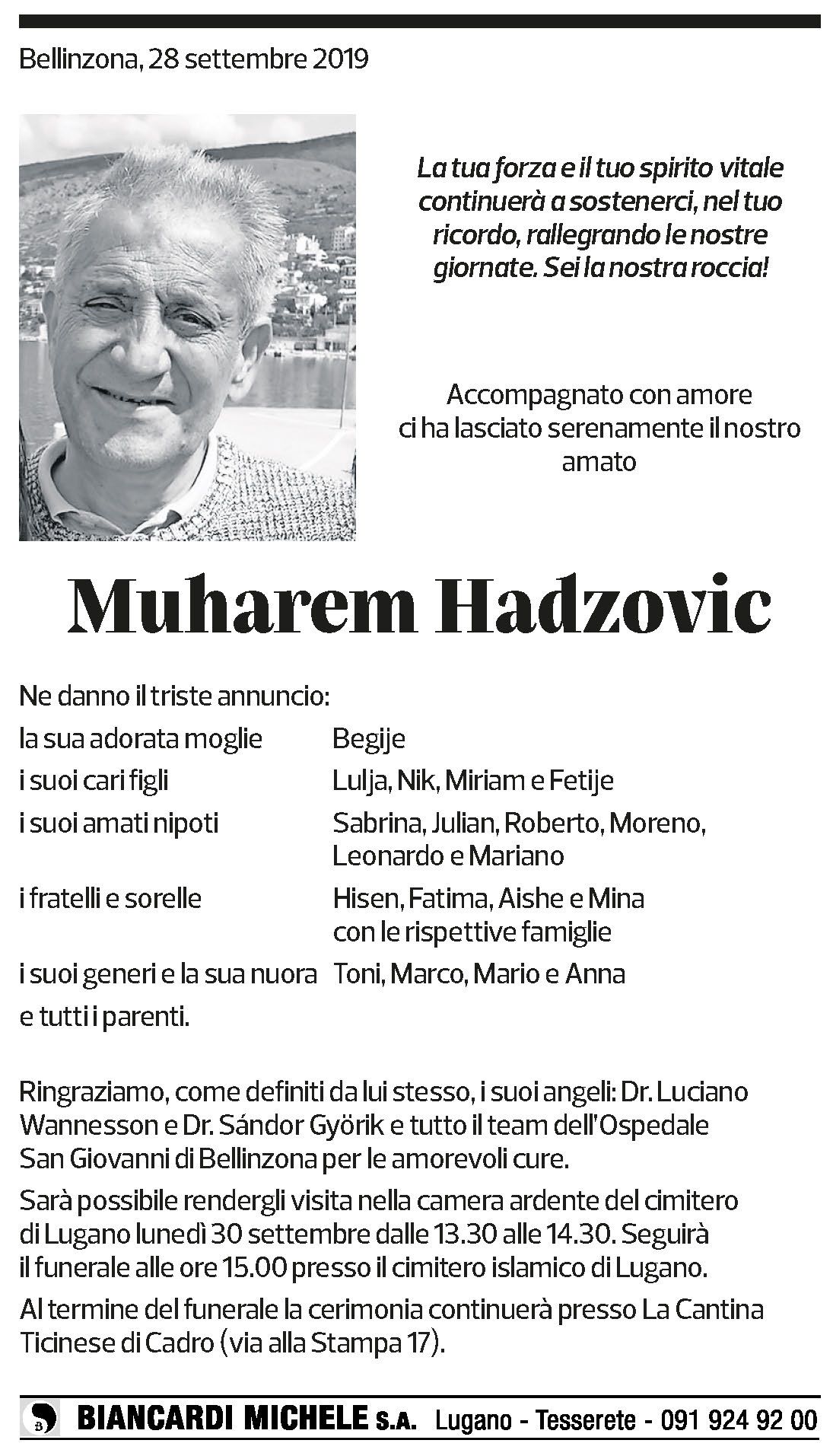 Annuncio funebre Muharem Hadzovic