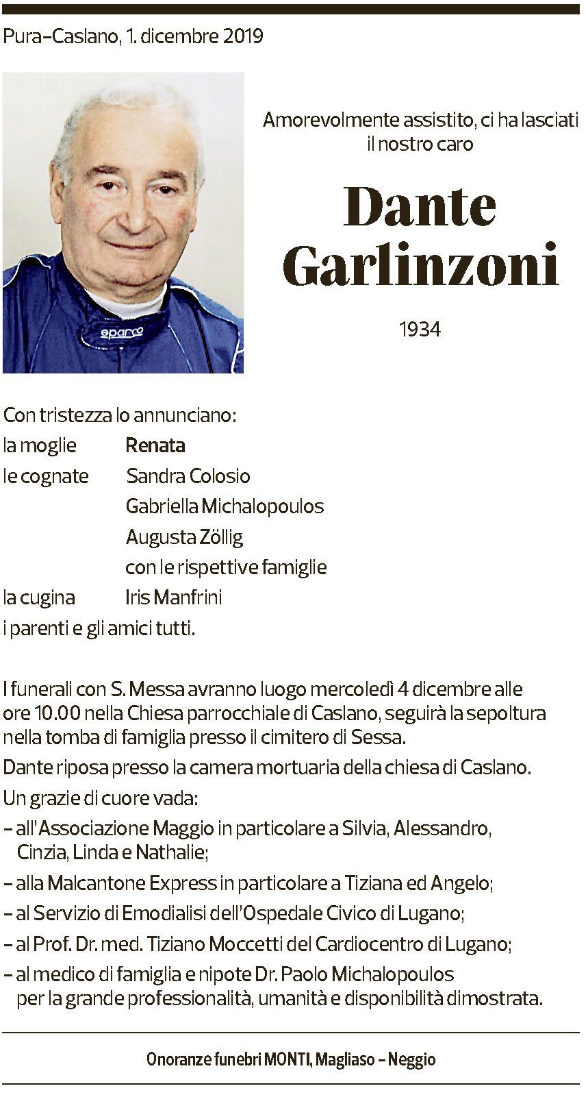 Annuncio funebre Dante Garlinzoni