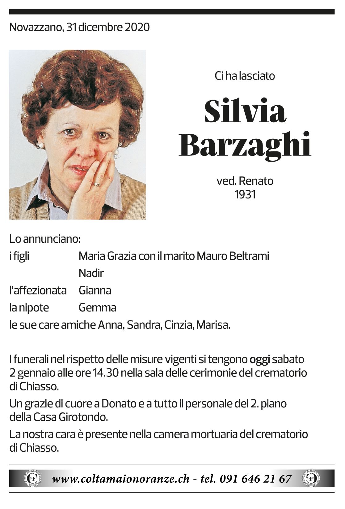 Annuncio funebre Silvia Barzaghi