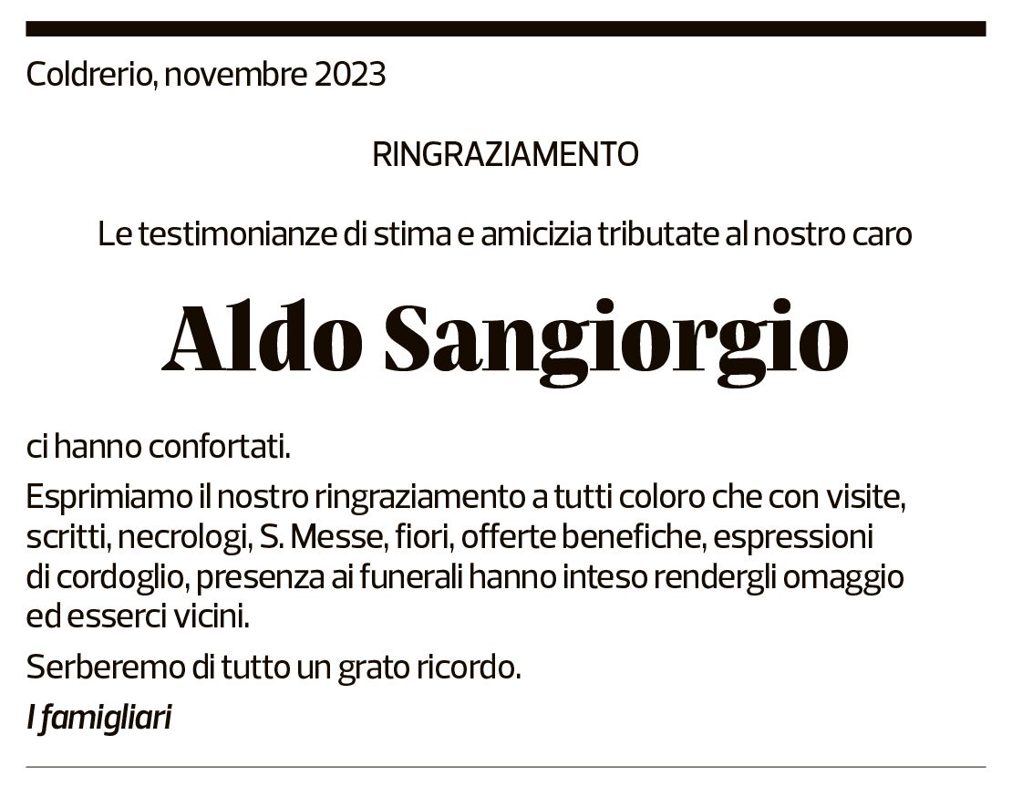 Annuncio funebre Aldo Sangiorgio