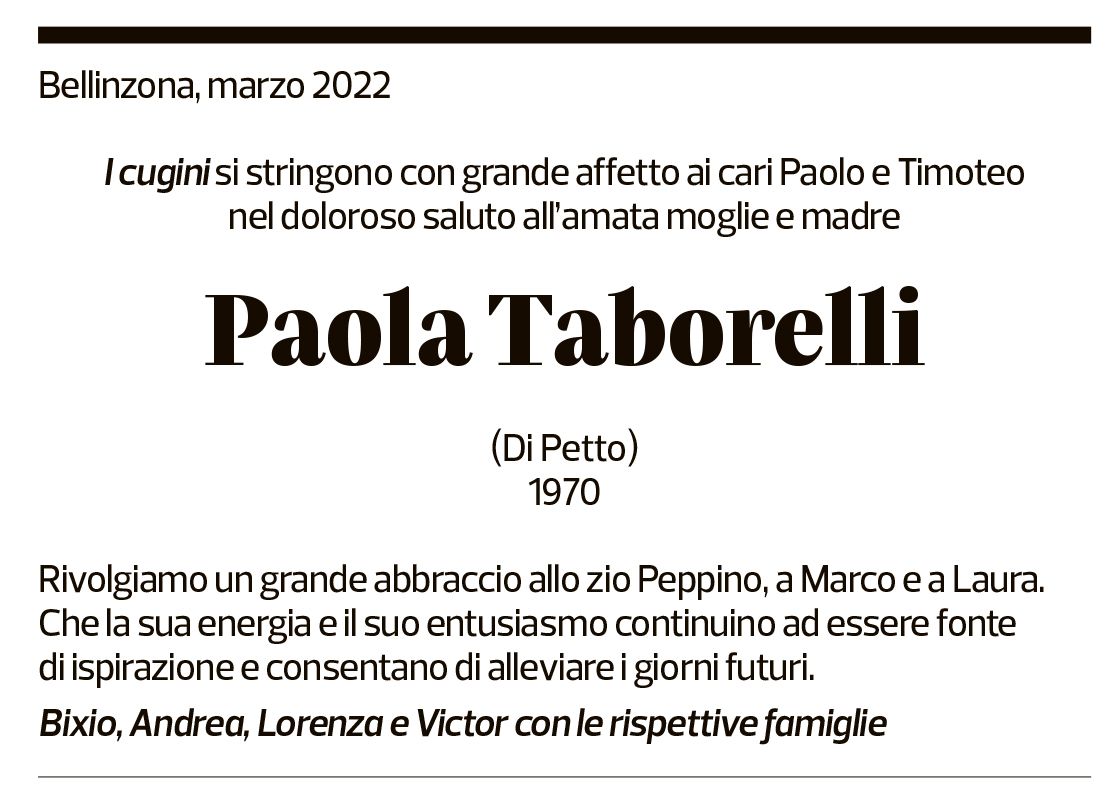 Annuncio funebre Paola Taborelli