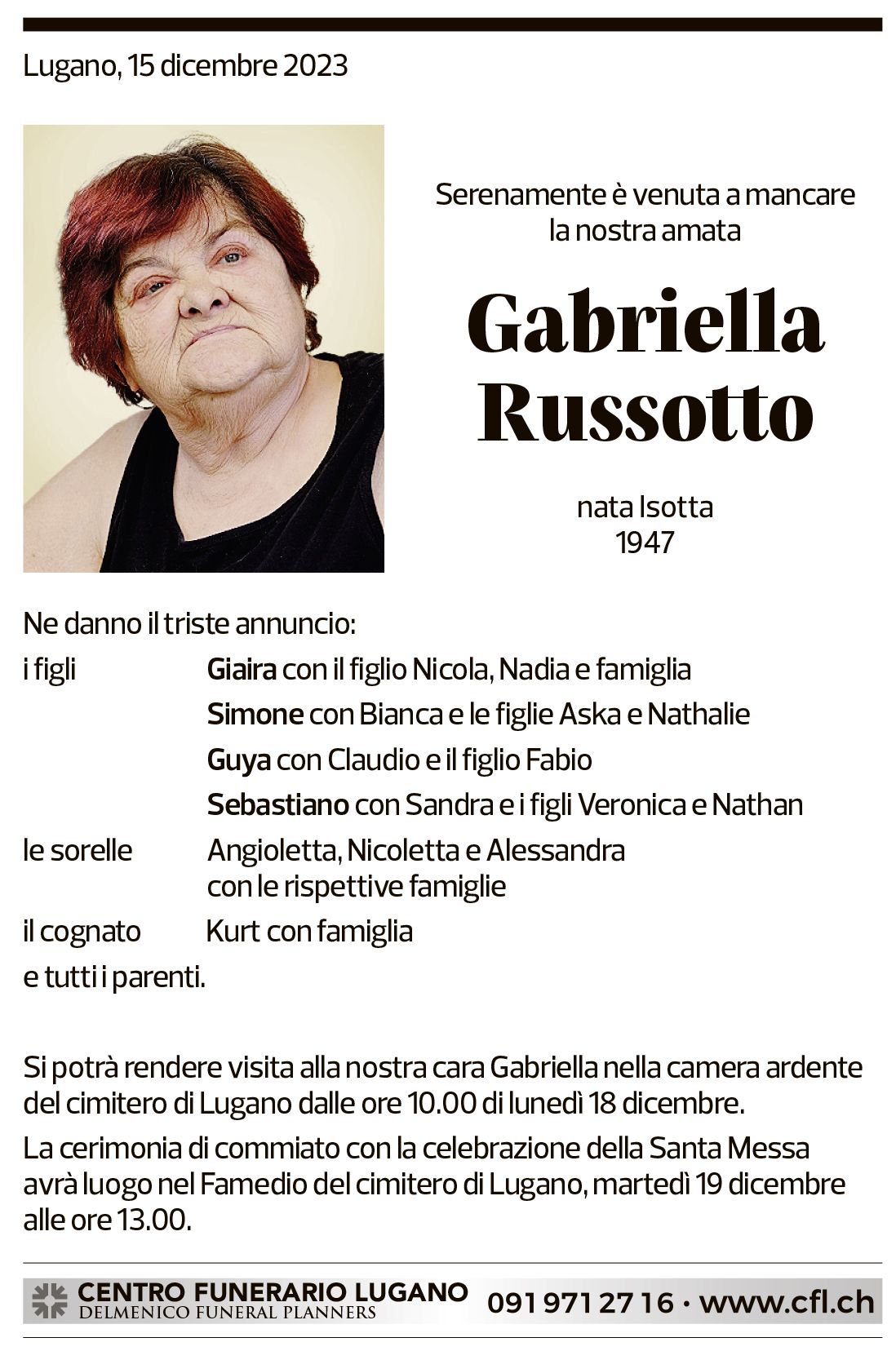 Annuncio funebre Gabriella Russotto