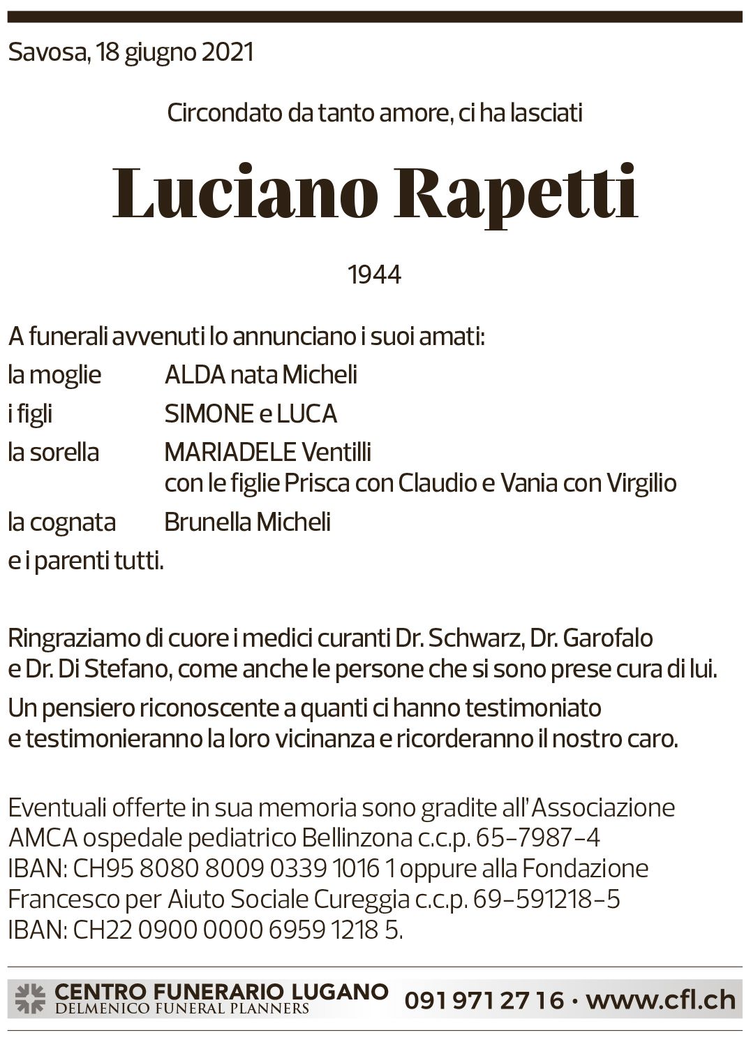 Annuncio funebre Luciano Rapetti