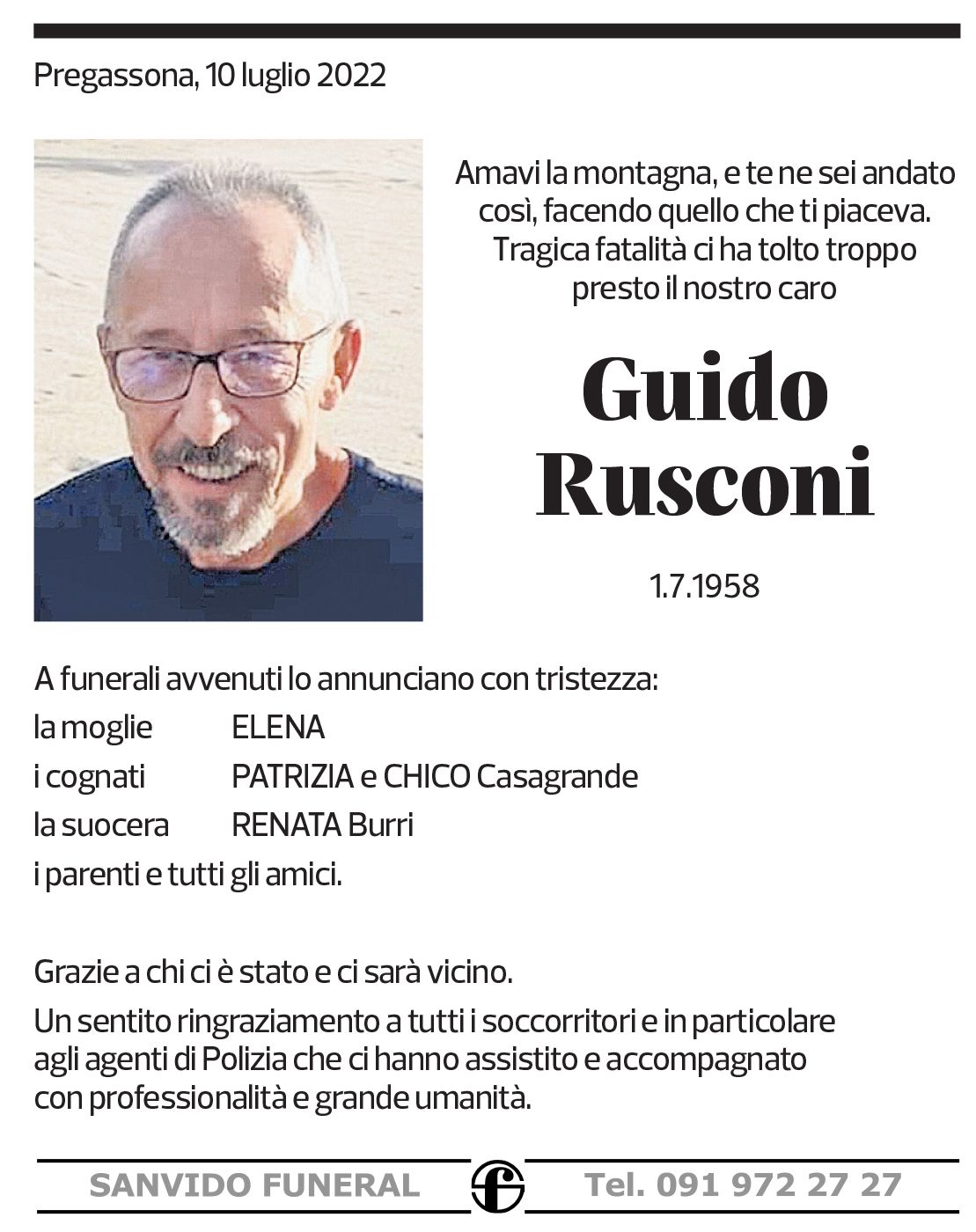 Annuncio funebre Guido Rusconi