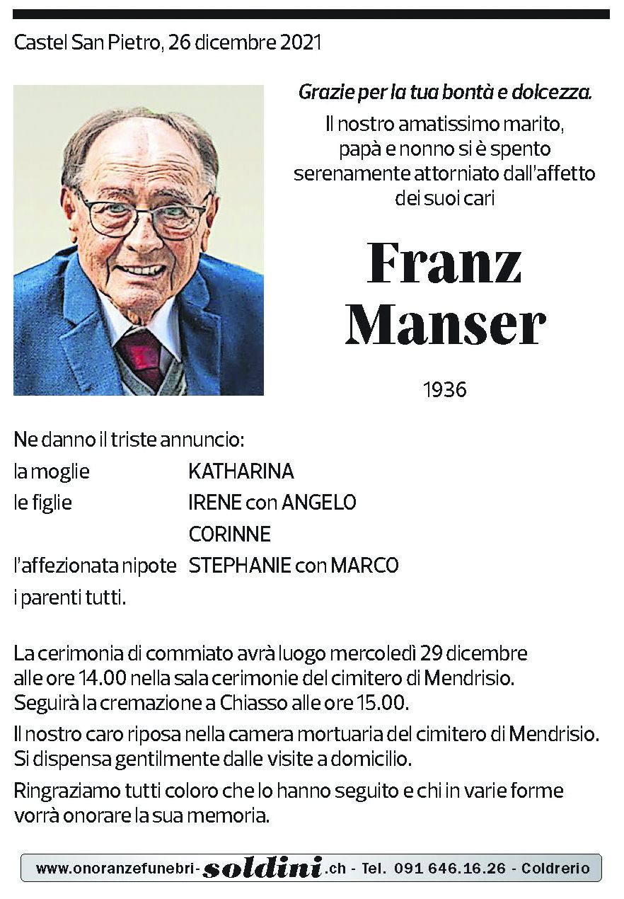 Annuncio funebre Franz Manser