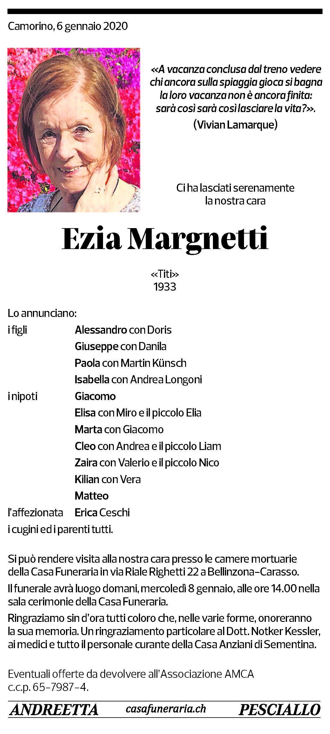 Annuncio funebre Ezia Margnetti