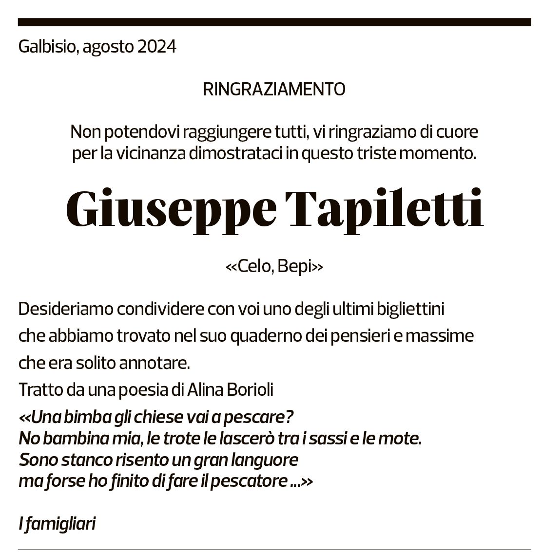 Annuncio funebre Giuseppe Tapiletti