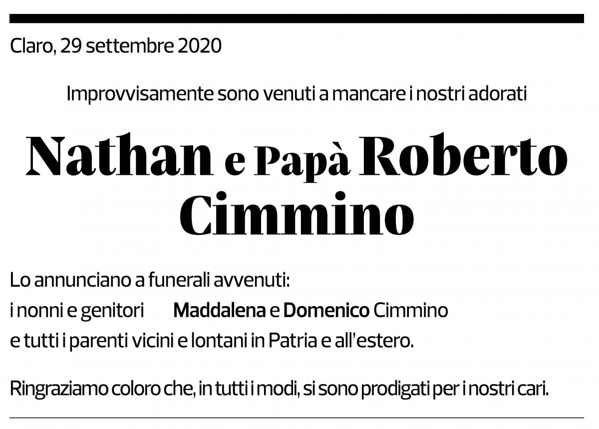 Annuncio funebre Nathan E Papà Roberto Cimmino
