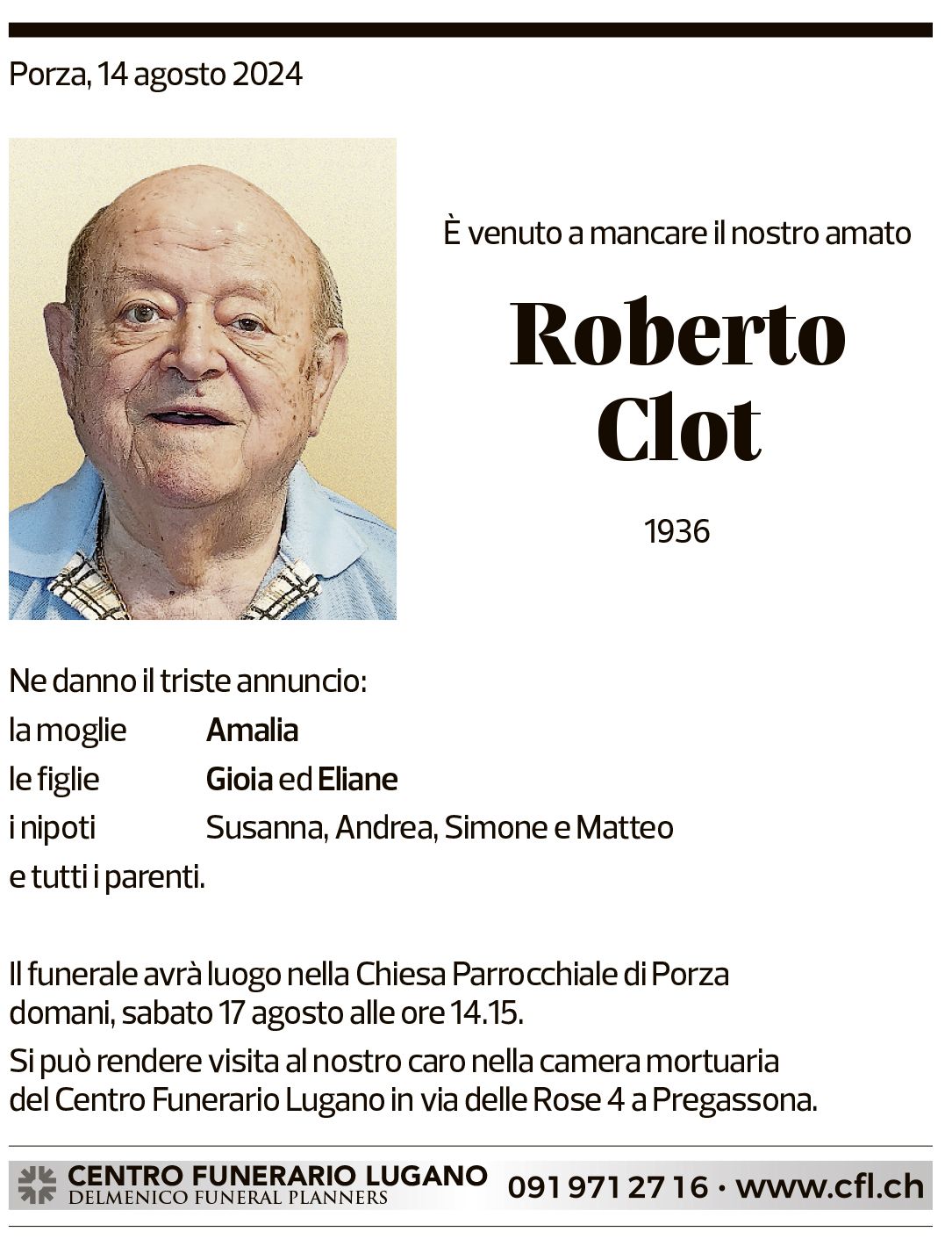 Annuncio funebre Roberto Clot