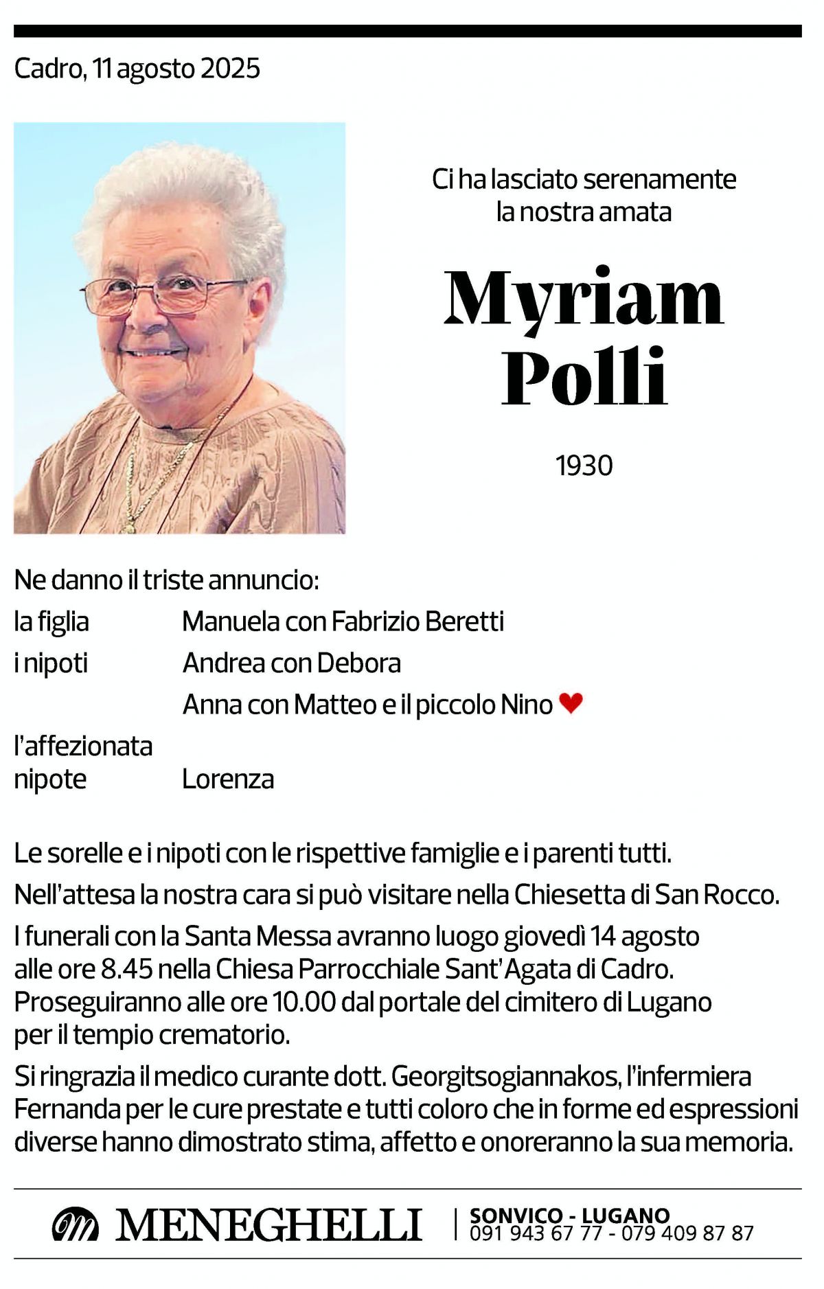 Annuncio funebre Myriam Polli