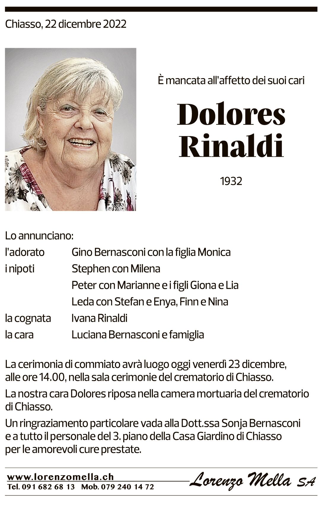 Annuncio funebre Dolores Rinaldi