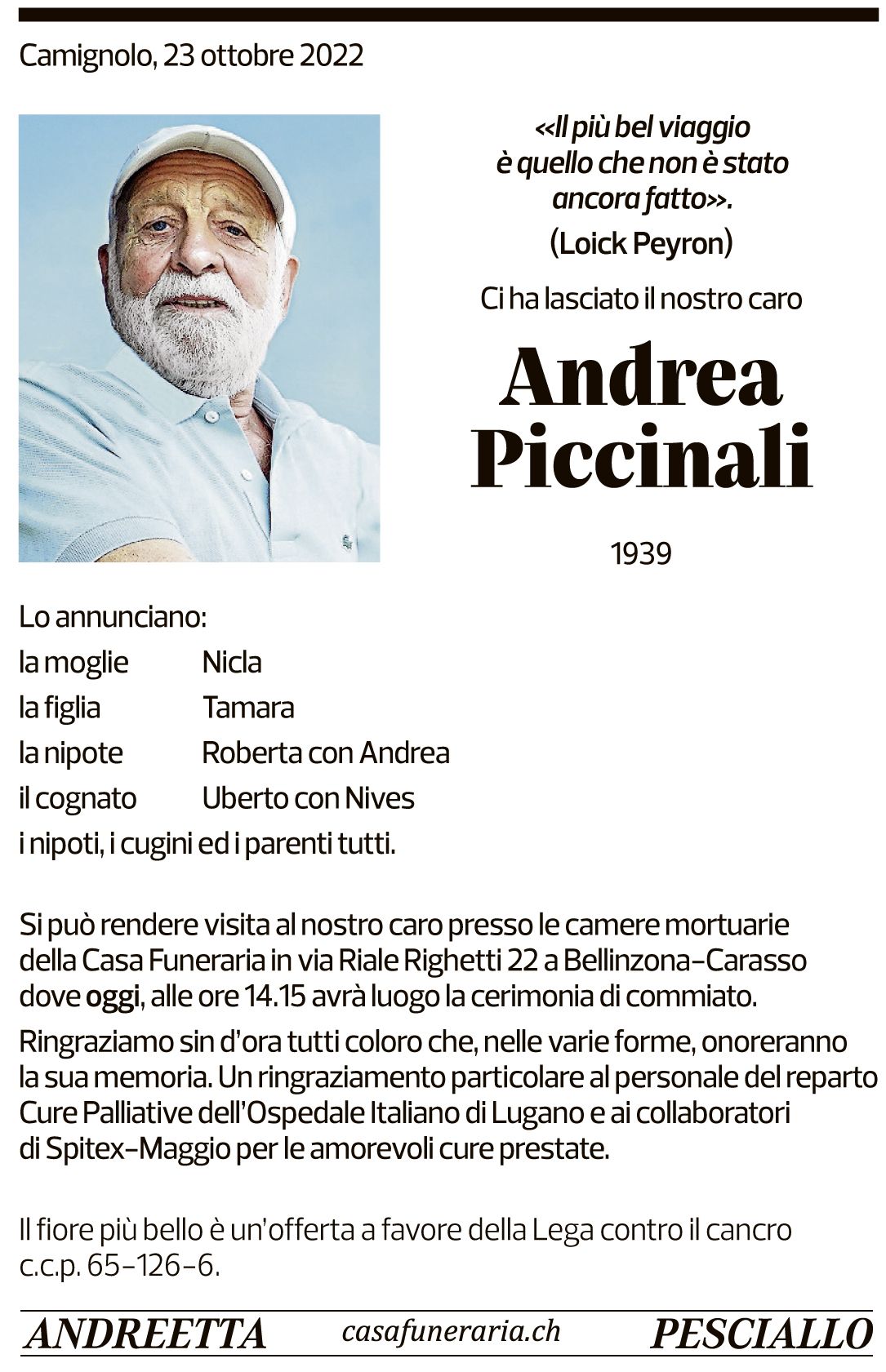 Annuncio funebre Andrea Piccinali