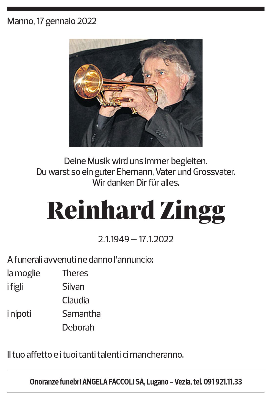 Annuncio funebre Reinhard Zingg