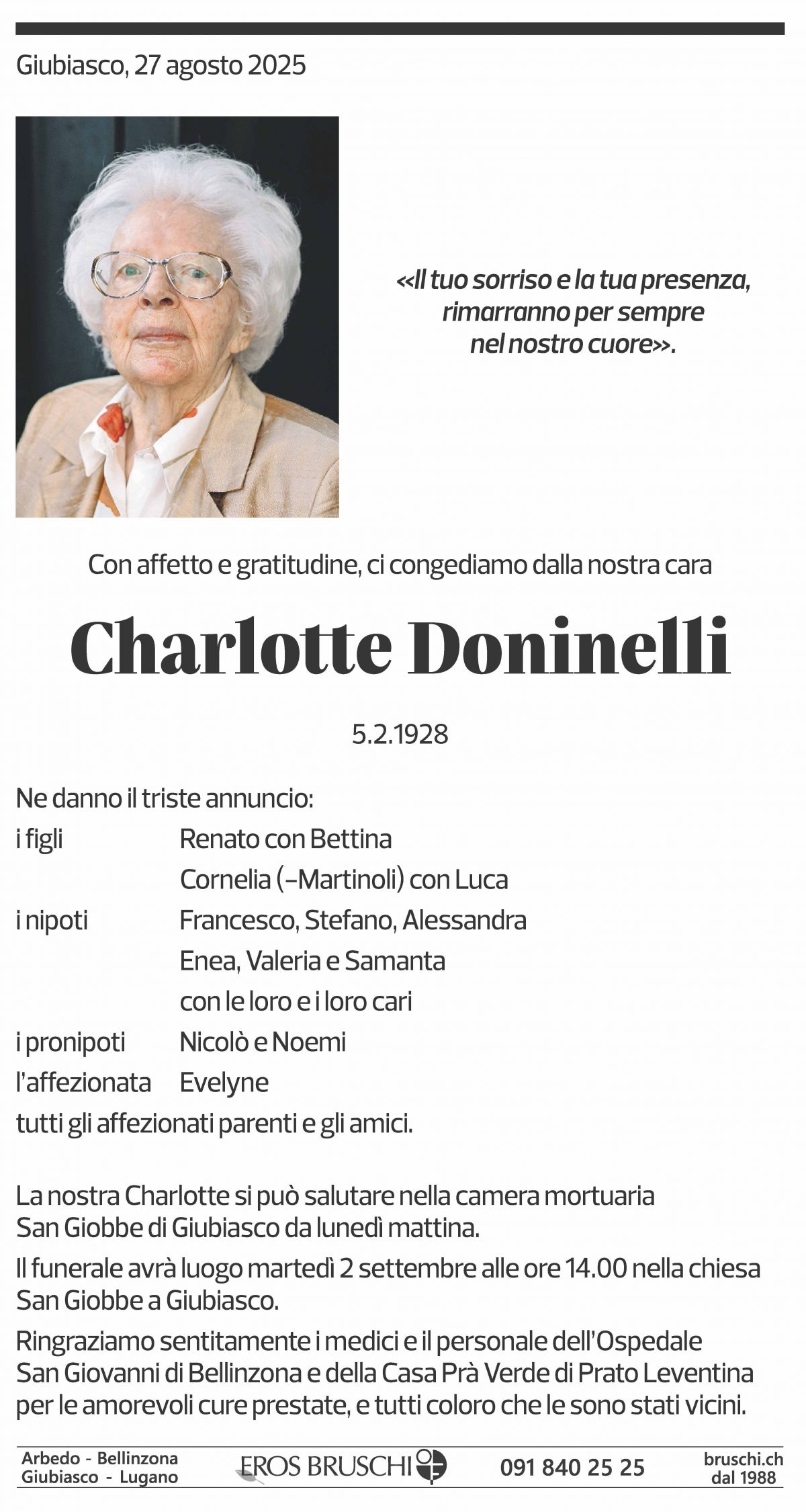 Annuncio funebre Charlotte Doninelli