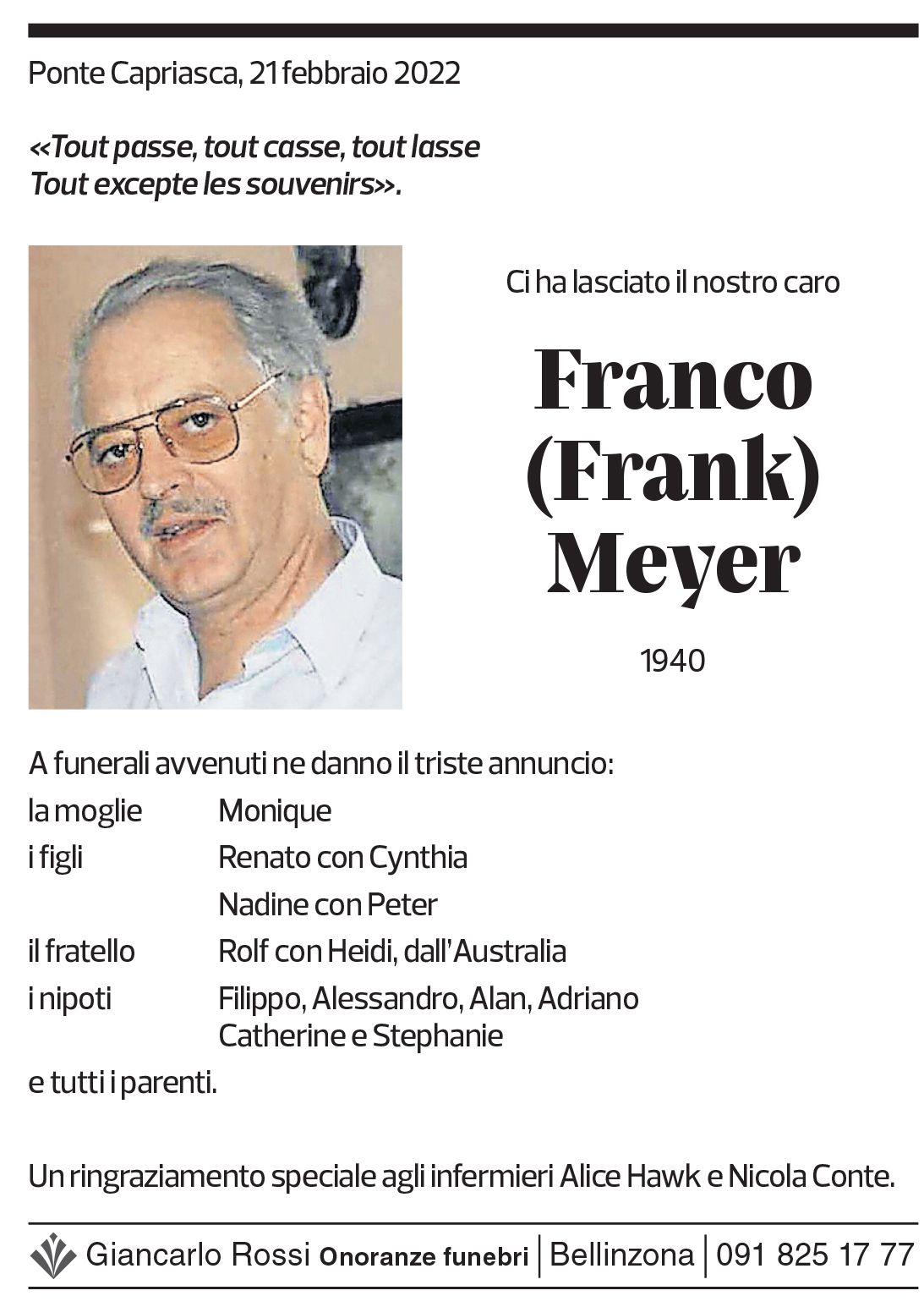 Annuncio funebre Franco Meyer