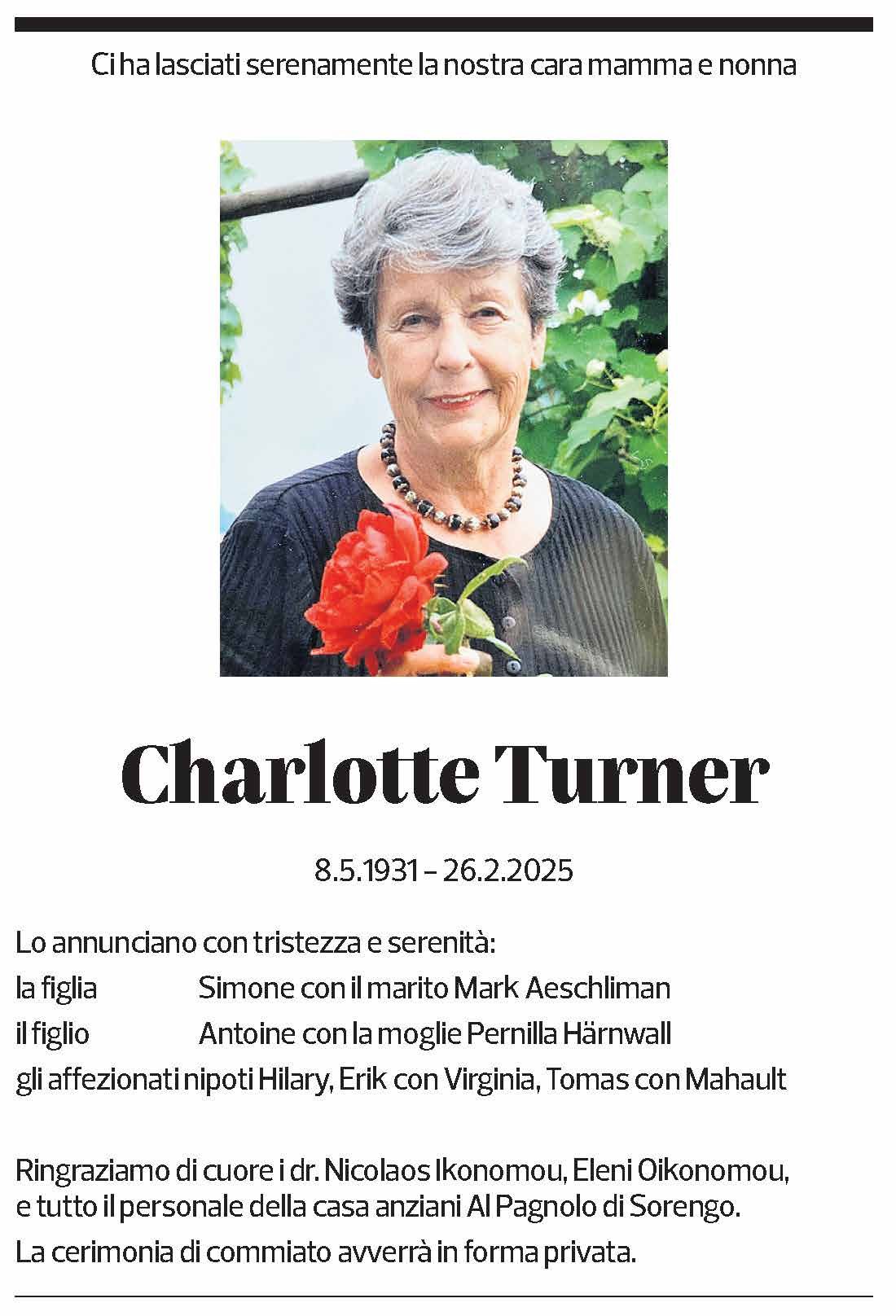 Annuncio funebre Charlotte Turner